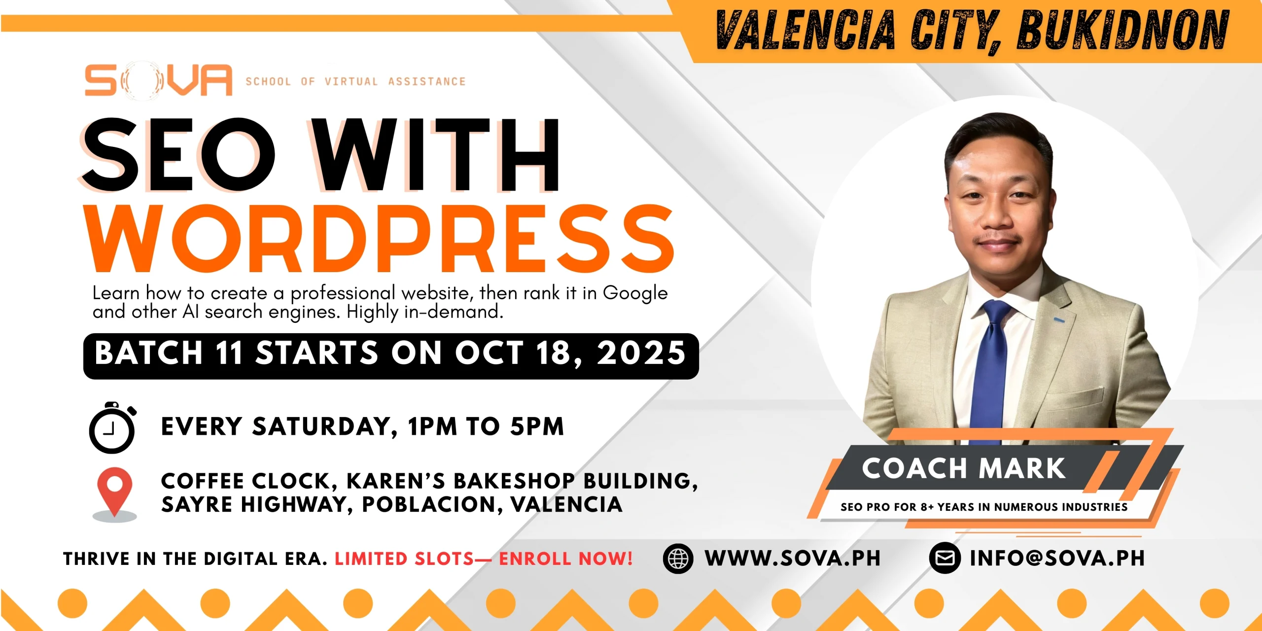 Batch 11 – 6-Week SEO with WordPress Valencia City Face-to-Face Training with Coach Mark – October 18, 2025 – November 22, 2025 – Limited Slots