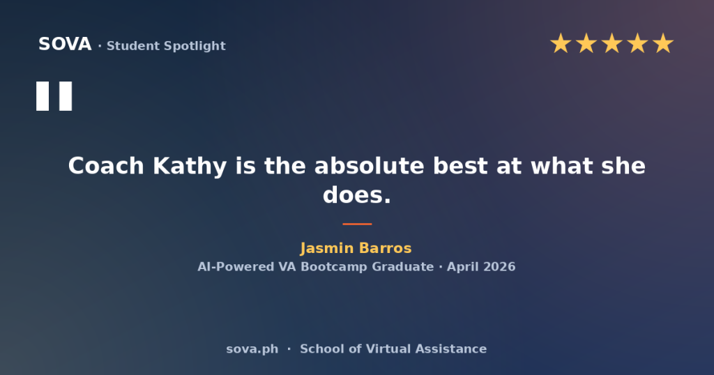 Jasmin Barros 5-star Google review — Coach Kathy is the absolute best at what she does. AI-Powered VA Bootcamp graduate, April 2026.